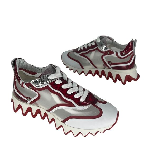 Christian Louboutin Sharkina Sneakers in White Mesh & Red Patent Leather - Picture 1 of 15